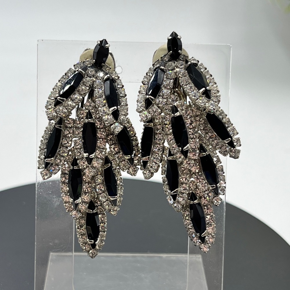 Juliana Vintage Runway Art Deco Black & Clear Rhinestone
Cluster Clip Earrings